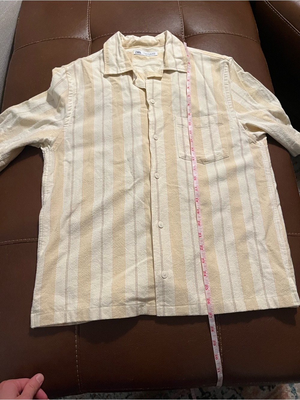 Zara Men Cream and Beige Striped Short Sleeve Button-Down Shirt